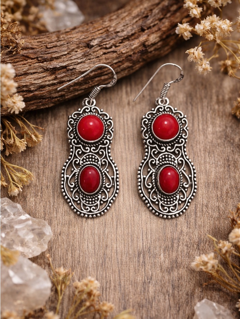 Southwestern Coral 2” Sterling Silver Earrings